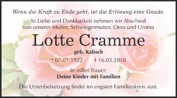 Traueranzeige von Lotte Cramme von Super Sonntag Wittenberg