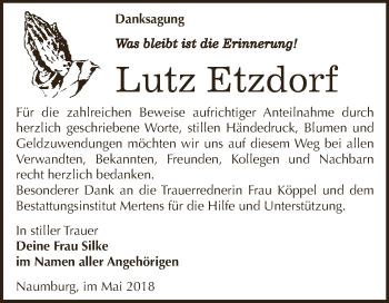 Traueranzeige von Lutz Etzdorf von WVG - Wochenspiegel NMB / WSF / ZTZ