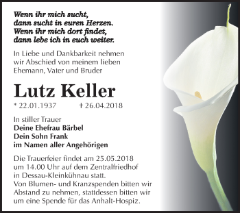 Traueranzeige von Lutz Keller von Mitteldeutsche Zeitung