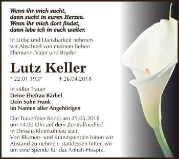 Traueranzeige von Lutz Keller von WVG - Wochenspiegel Dessau / Köthen