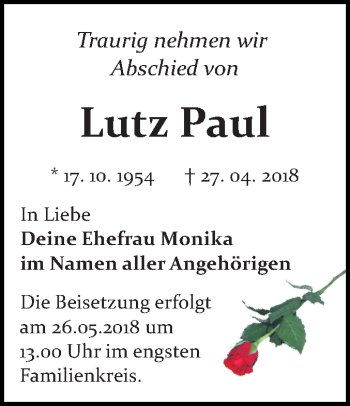 Traueranzeige von Lutz Paul von Mitteldeutsche Zeitung Bitterfeld