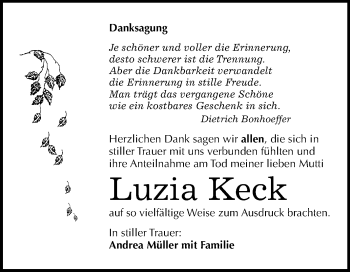 Traueranzeige von Luzia Keck von Mitteldeutsche Zeitung Bitterfeld
