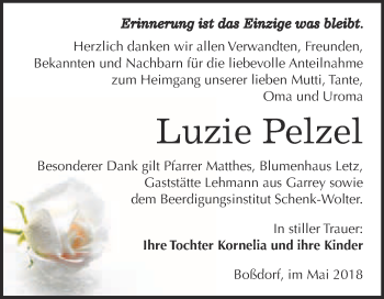 Traueranzeige von Luzie Pelzel von Super Sonntag Wittenberg