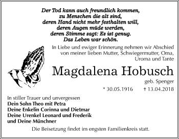 Traueranzeige von Magdalena Hobusch von Mitteldeutsche Zeitung Dessau-Roßlau