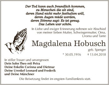 Traueranzeige von Magdalena Hobusch von WVG - Wochenspiegel Dessau / Köthen