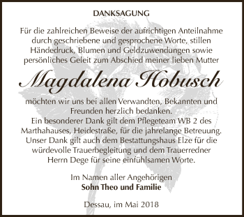 Traueranzeige von Magdalena Hobusch von WVG - Wochenspiegel Dessau / Köthen