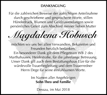 Traueranzeige von Magdalena Hobusch von Mitteldeutsche Zeitung Dessau-Roßlau