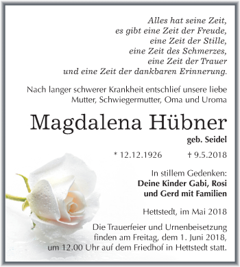 Traueranzeige von Magdalena Hübner von Mitteldeutsche Zeitung