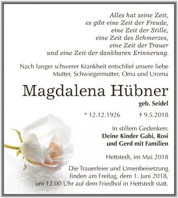 Traueranzeige von Magdalena Hübner von Wochenspiegel Mansfelder Land