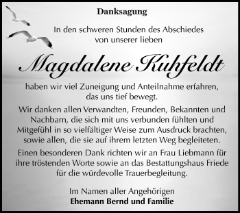 Traueranzeige von Magdalene Kuhfeldt von Mitteldeutsche Zeitung