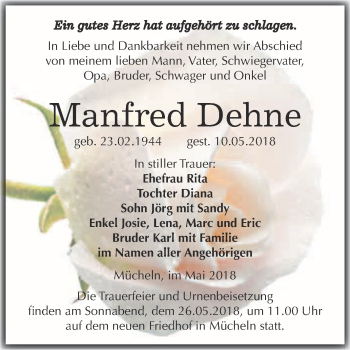 Traueranzeige von Manfred Dehne von WVG - Wochenspiegel Merseburg