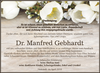 Traueranzeige von Manfred Gebhardt von Wochenspiegel Mansfelder Land