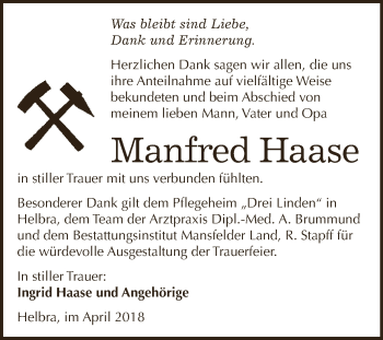 Traueranzeige von Manfred Haase von Wochenspiegel Mansfelder Land