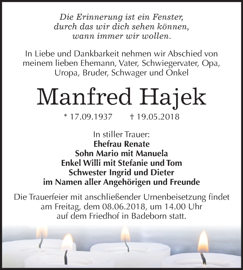  Traueranzeige für Manfred Hajek vom 26.05.2018 aus Mitteldeutsche Zeitung