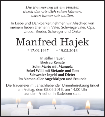 Traueranzeige von Manfred Hajek von Mitteldeutsche Zeitung