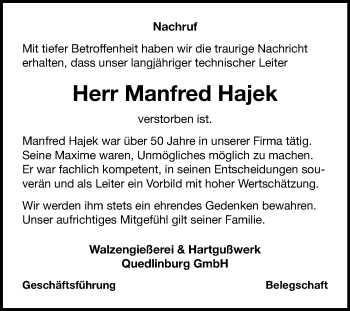 Traueranzeige von Manfred Hajek von Mitteldeutsche Zeitung Quedlinburg