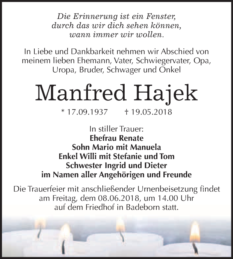  Traueranzeige für Manfred Hajek vom 26.05.2018 aus WVG - Wochenspiegel Quedlinburg