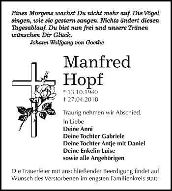 Traueranzeige von Manfred Hopf von Mitteldeutsche Zeitung Bitterfeld