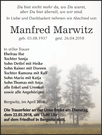 Traueranzeige von Manfred Marwitz von WVG - Wochenspiegel Wittenberg