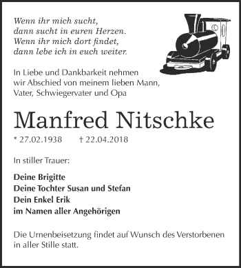 Traueranzeige von Manfred Nitschke von WVG - Wochenspiegel Wittenberg