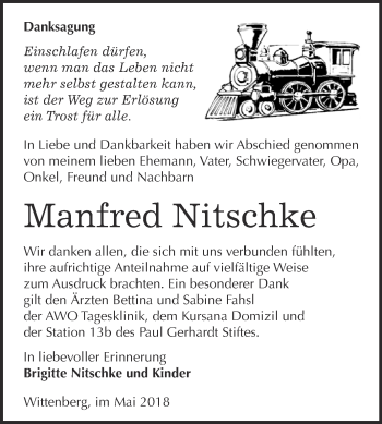 Traueranzeige von Manfred Nitschke von WVG - Wochenspiegel Wittenberg