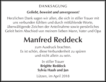 Traueranzeige von Manfred Reddeck von Super Sonntag Merseburg