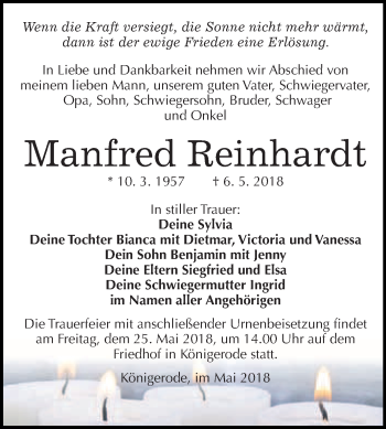 Traueranzeige von Manfred Reinhardt von WVG - Wochenspiegel Quedlinburg