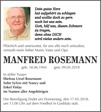 Traueranzeige von Manfred Rosemann von Super Sonntag Merseburg