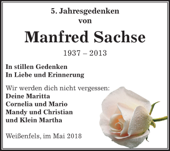 Traueranzeige von Manfred Sachse von Mitteldeutsche Zeitung Weißenfels