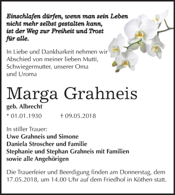Traueranzeige von Marga Grahneis von Mitteldeutsche Zeitung Köthen