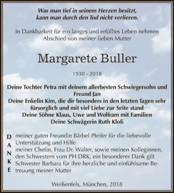 Traueranzeige von Margarete Buller von WVG - Wochenspiegel NMB / WSF / ZTZ