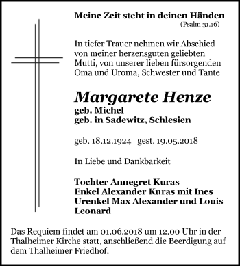 Traueranzeige von Margarete Henze von Mitteldeutsche Zeitung Bitterfeld