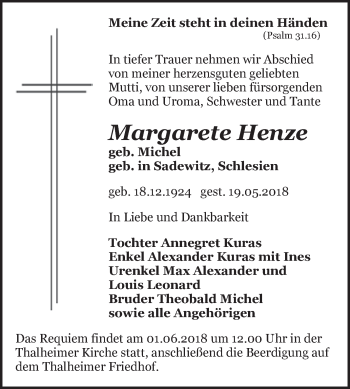 Traueranzeige von Margarete Henze von WVG - Wochenspiegel Bitterfeld