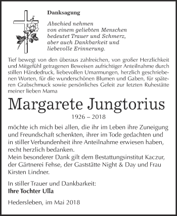 Traueranzeige von Margarete Jungtorius von WVG - Wochenspiegel Quedlinburg