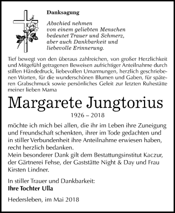 Traueranzeige von Margarete Jungtorius von Mitteldeutsche Zeitung Quedlinburg