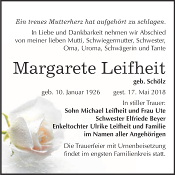Traueranzeige von Margarete Leifheit von WVG - Wochenspiegel Bitterfeld