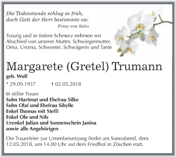 Traueranzeige von Margarete Trumann von WVG - Wochenspiegel Merseburg