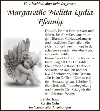 Traueranzeige von Margarethe Melitta Lydia Pfennig von WVG - Wochenspiegel Dessau / Köthen