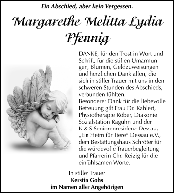 Traueranzeige von Margarethe Melitta Lydia Pfennig von Mitteldeutsche Zeitung Bitterfeld