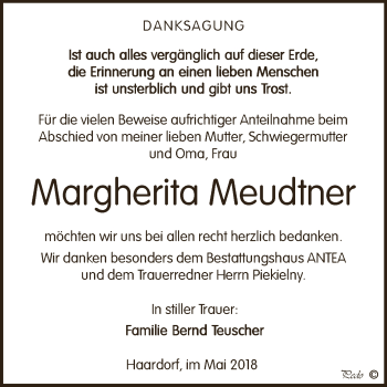 Traueranzeige von Margherita Meudtner von Super Sonntag Zeitz