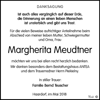 Traueranzeige von Margherita Meudtner von Mitteldeutsche Zeitung Zeitz