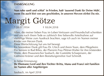 Traueranzeige von Margit Götze von WVG - Wochenspiegel NMB / WSF / ZTZ