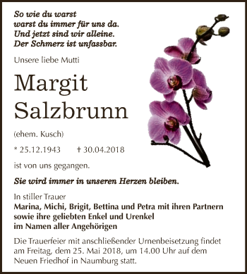 Traueranzeige von Margit Salzbrunn von WVG - Wochenspiegel NMB / WSF / ZTZ