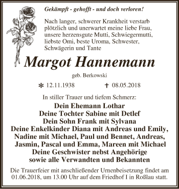 Traueranzeige von Margot Hannemann von WVG - Wochenspiegel Dessau / Köthen
