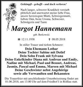 Traueranzeige von Margot Hannemann von Mitteldeutsche Zeitung Dessau-Roßlau