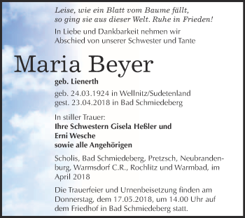 Traueranzeige von Maria Beyer von WVG - Wochenspiegel Wittenberg