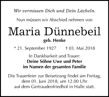 Traueranzeige von Maria Dünnebeil von Mitteldeutsche Zeitung Halle/Saalkreis
