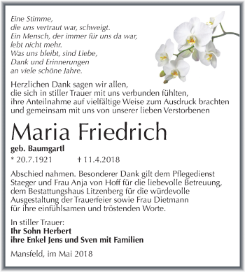 Traueranzeige von Maria Friedrich von Mitteldeutsche Zeitung