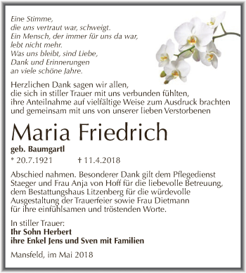 Traueranzeige von Maria Friedrich von Super Sonntag SGH Mansf. Land