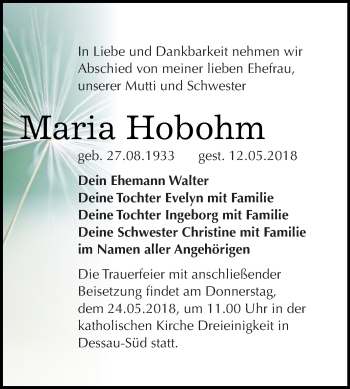Traueranzeige von Maria Hobohm von WVG - Wochenspiegel Bitterfeld